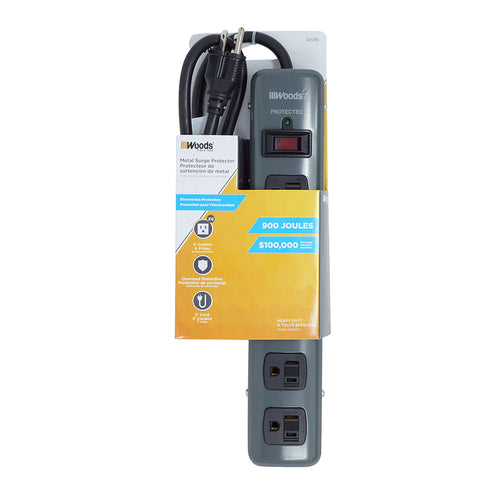 Woods Home Products 6-Outlet Dark Gray Metal Surge Strip with Cord (3’, Dark Grey)