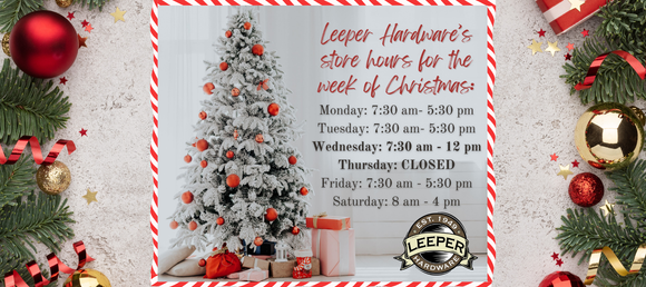 Christmas-themed image showing Leeper Hardware's holiday hours. A frosted tree with orange ornaments and gifts is framed by festive garland.