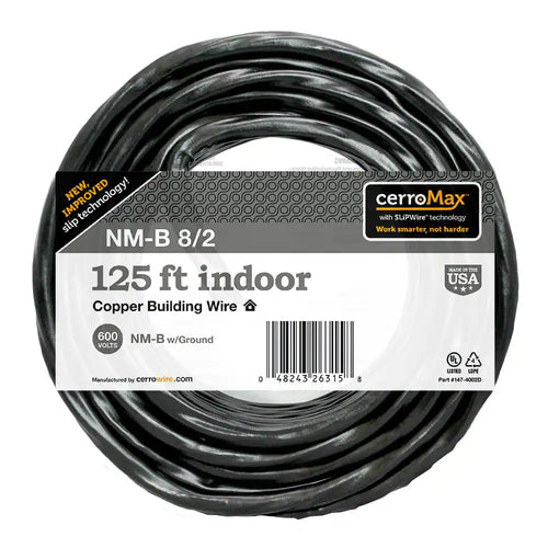 Marmon Home Improvement 125 ft. 8/2 Black Stranded CerroMax SLiPWire Copper NM-B Wire (125', Black)