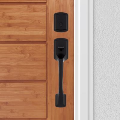 Kwikset Prague Handleset with Pismo Knob (Round) - Deadbolt Keyed One Side - featuring SmartKey, Matte Black