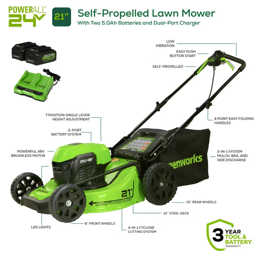 Greenworks 48V (2x24V) Cordless Battery Self-Propelled Lawn Mower w/ Two (2) 5.0Ah USB Batteries & Dual Port Charger
