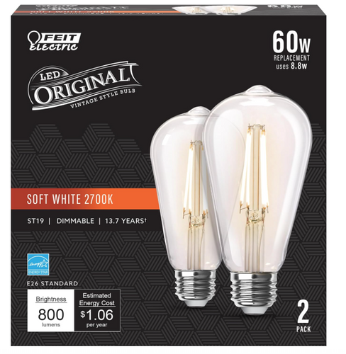 Feit Electric ST19 Vintage Edison LED Light Bulb, 60W Equivalent, Dimmable, 2700K Soft White, 800 Lumens, E26 Base, Retro Filament Light Bulbs
