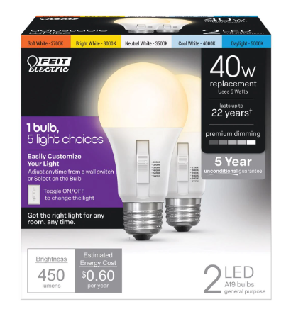 Feit Electric A21 100W LED Light Bulb, 100W Equivalent, Dimmable, Color Selectable 6-Way, 5CCT, E26 Medium Base, 90CRI, 1600 Lumens, 22-Year Life, Damp Rated LED Lightbulb, OM100DM/6WYCA/2, 2 Pack