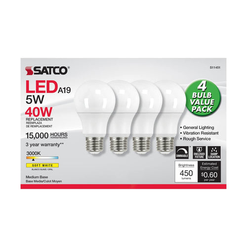 Satco S11451 5A19/LED/830/120V/D/4PK