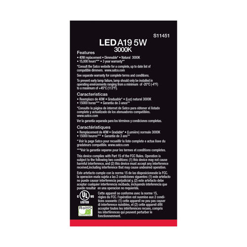 Satco S11451 5A19/LED/830/120V/D/4PK