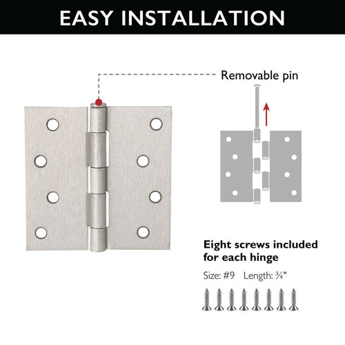 Design House Door Hinge in Satin Nickel, 4-Inch, Square Corner, 3-Pack