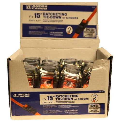 Ancra Cargo  1” x 15’ Orange Ratchet Tie-Down w/S-Hooks