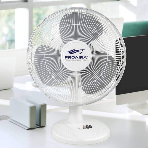Proaira 16 Oscillating Table Fan with Adjustable Tilt, 3 Speed Control, White