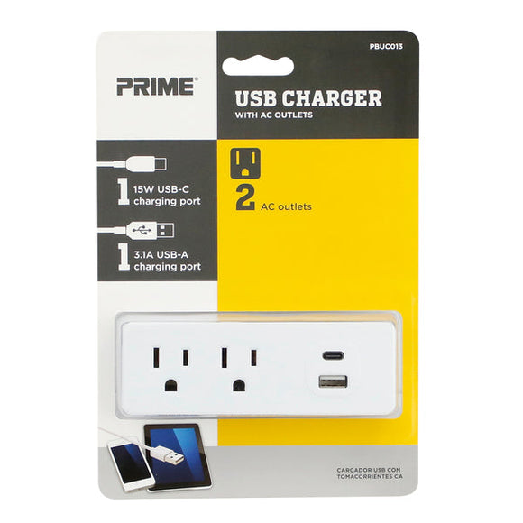 Prime 2-Outlet 1-Port Type USB-A & 1-Port USB-C 3.1A USB Charger