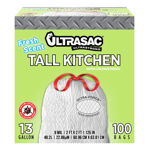 Ultrasac 13 Gallon 0.9 MIL Fresh Scent White Drawstring Tall