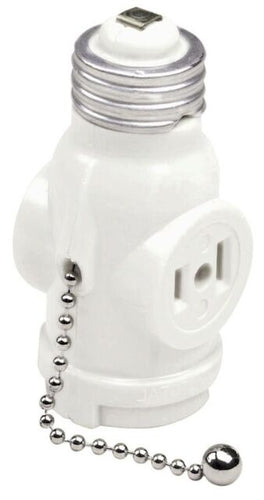 Leviton 1406-W 660 Watt, 125 Volt, Two Outlet With Pull Chain Socket Adapter, White (125 V, White)